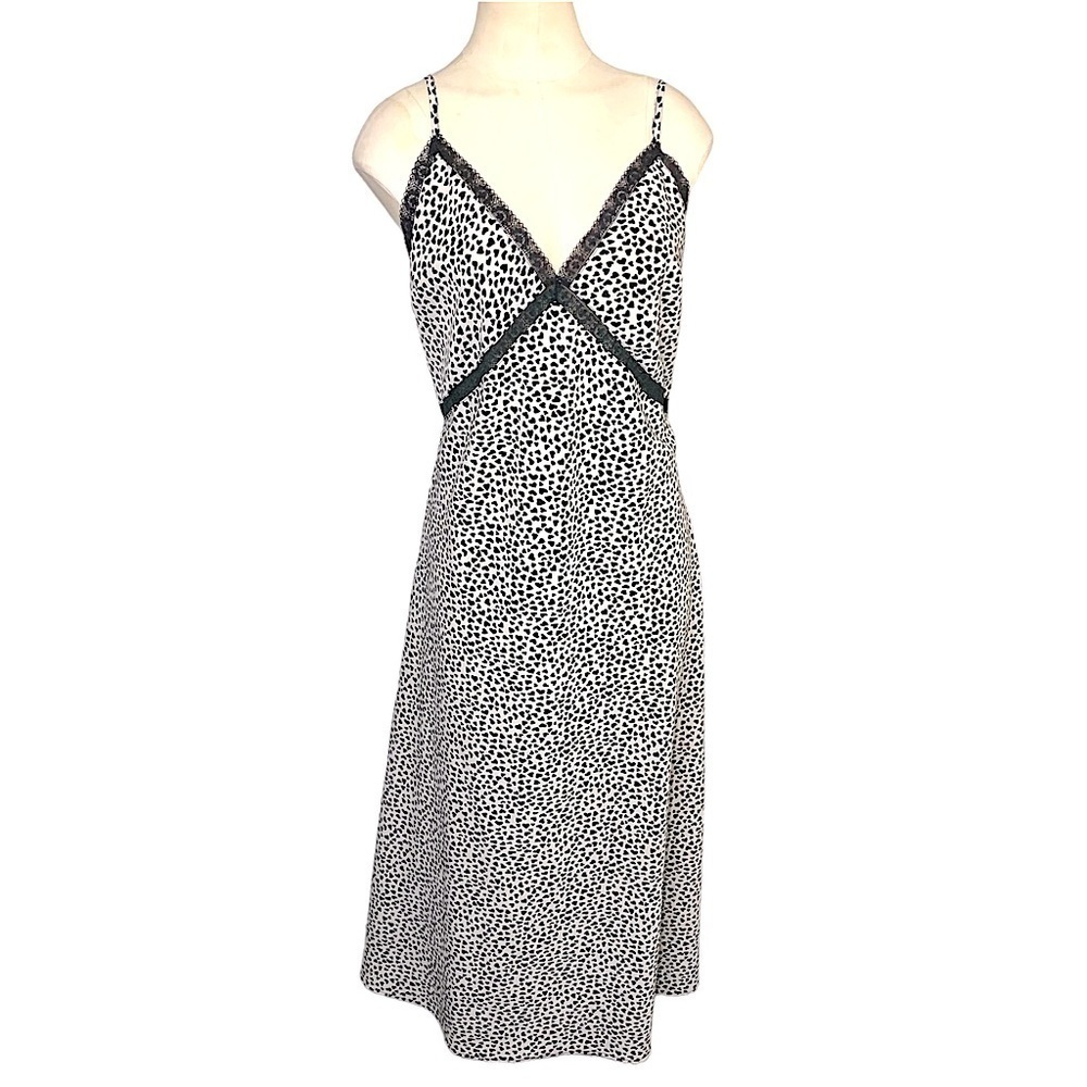 RIVER Island Slip Dress Cream Black Hearts Prints Lace Night Lounge wear Sz 14